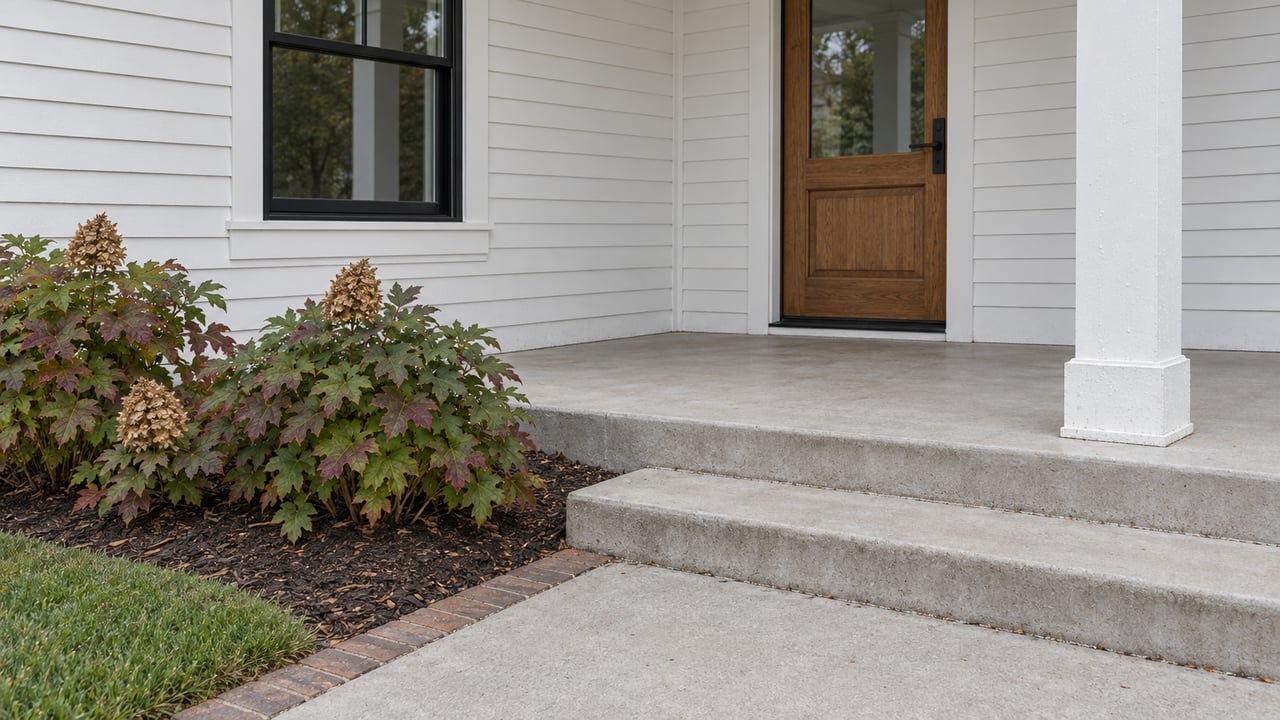 White lap-sided home with an oak glazed front door, black-trimmed window, concrete porch steps and oakleaf hydrangeas.
