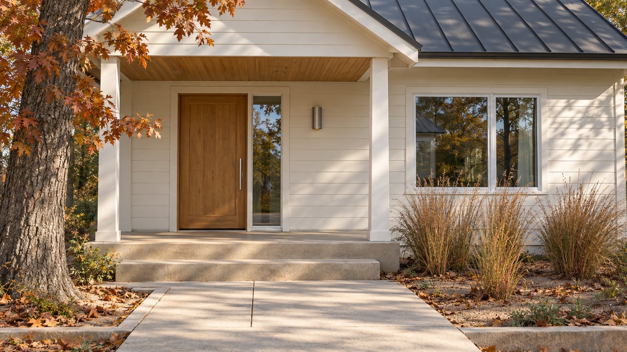 Autumn light on a pale-sided home's covered oak entry, concrete steps, and tawny little bluestem beside a mature oak.