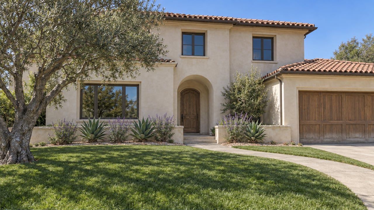 Sunlit ivory stucco home with a red clay tile roof, recessed arched oak entry, deep green front lawn and a mature olive tree.