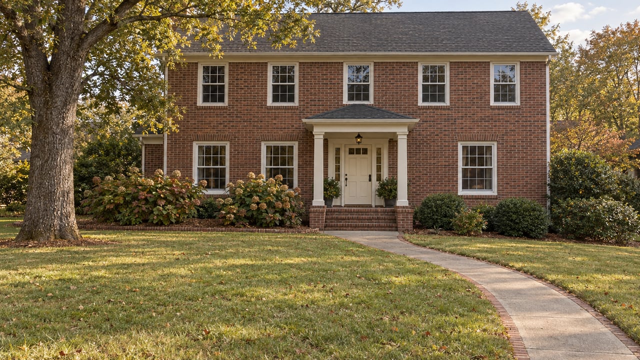 An established two-story brick home across a spacious autumn lawn, with white porch columns, an oak canopy and oakleaf hydrangeas.