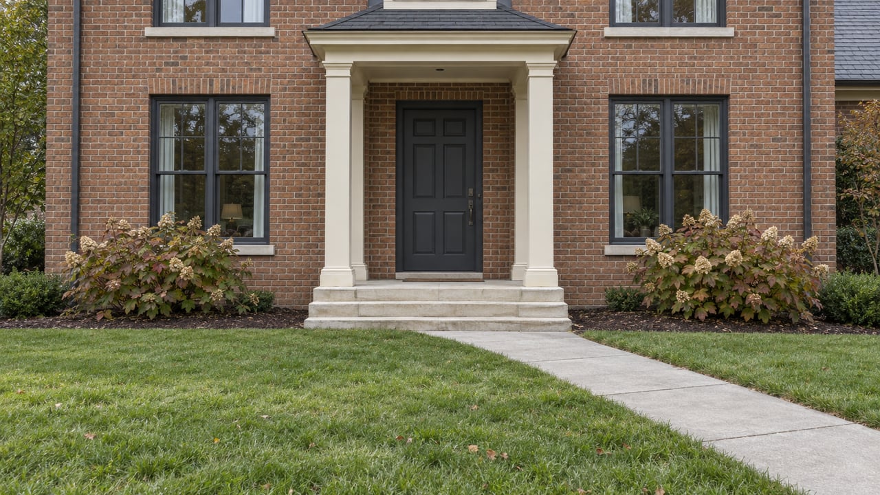 Brick home with tall paired windows, an ivory entry canopy, limestone steps and a deep green lawn.