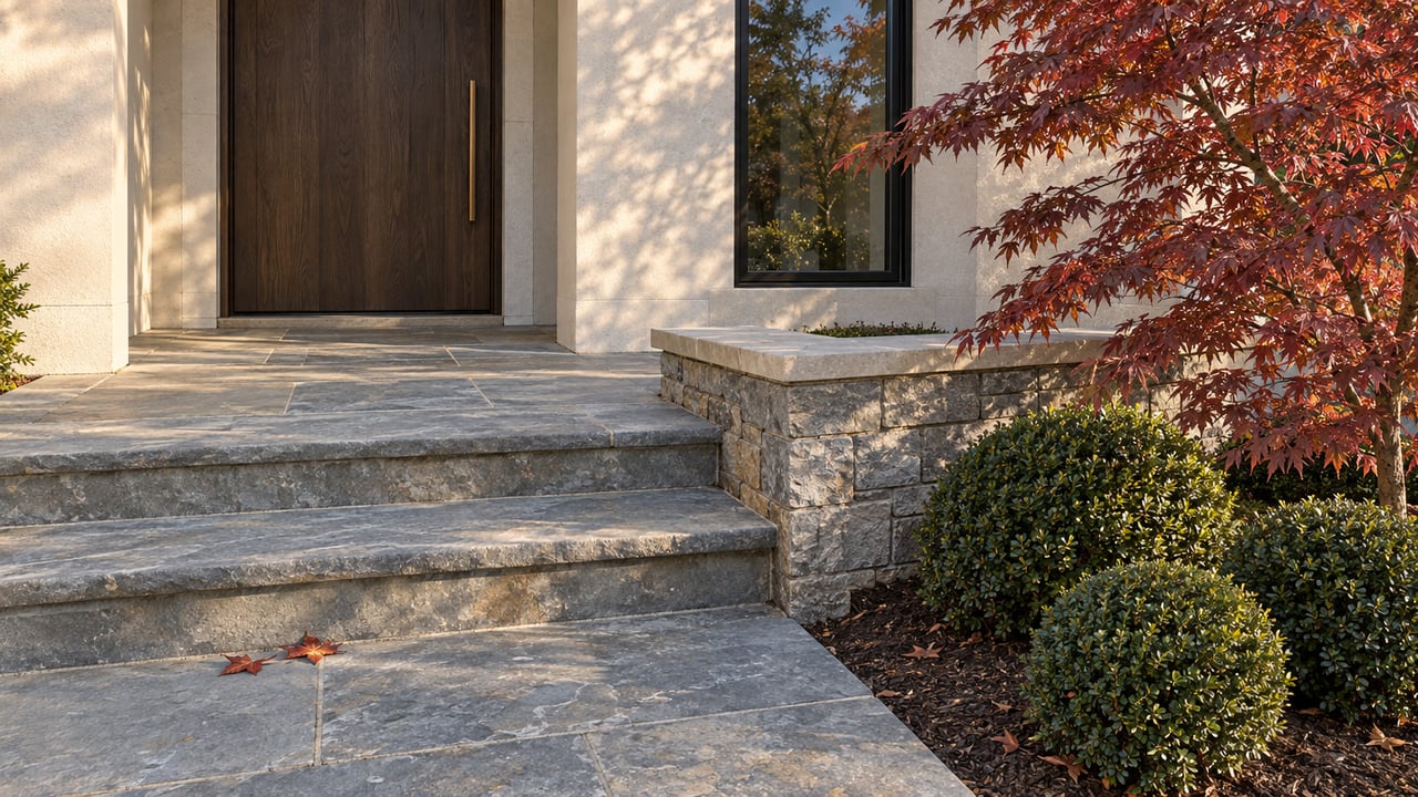 Sunlit bluestone entry steps beside a stone retaining wall, a dark oak door, and copper-red Japanese maple foliage.