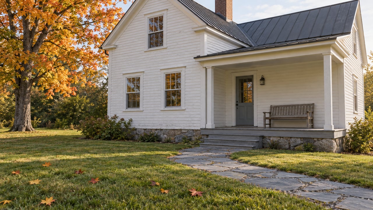 White clapboard house with a covered side porch, stone approach and golden sugar maple across a broad autumn lawn.