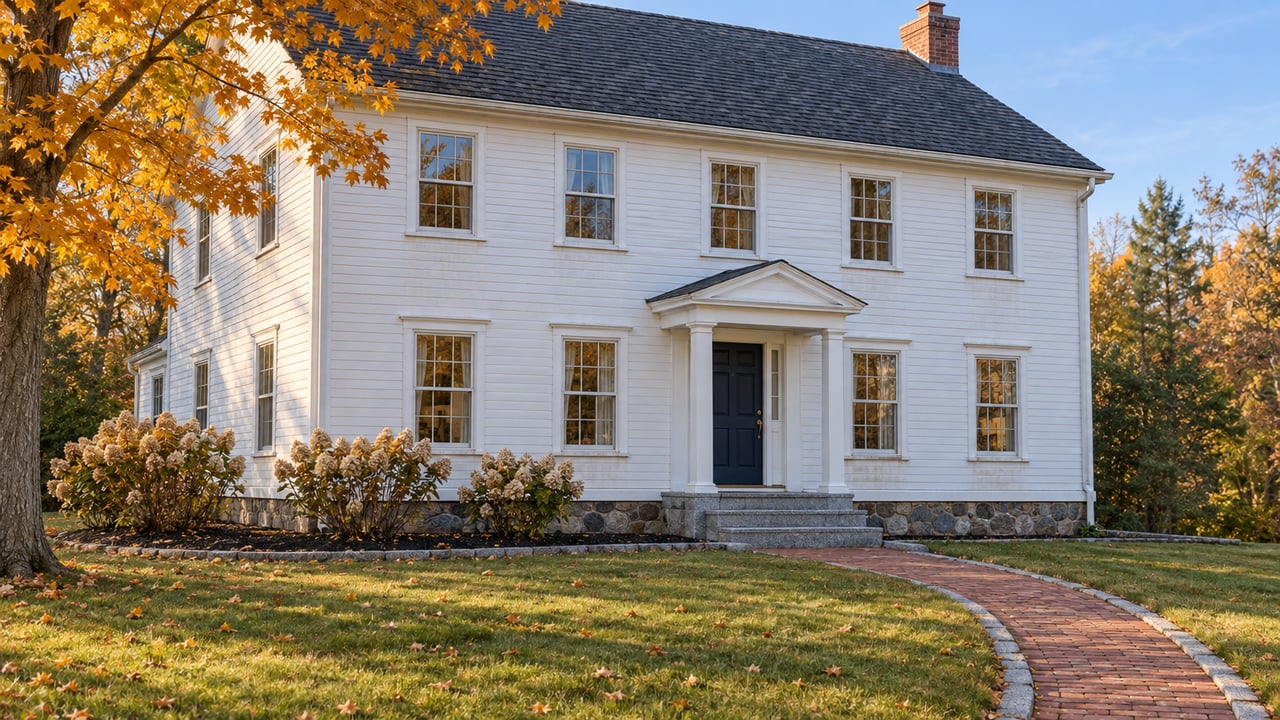 White clapboard home with a charcoal gabled roof, granite entry steps and a broad autumn lawn beneath a golden sugar maple.
