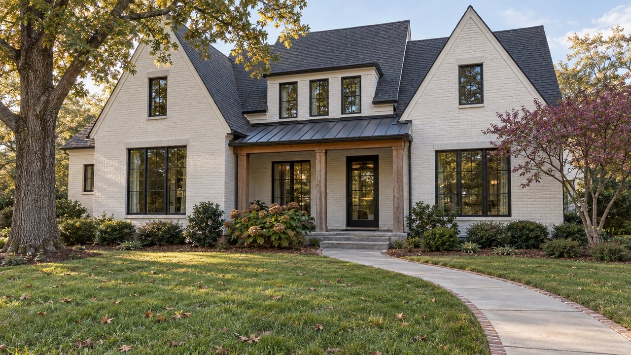 White-painted brick home with steep gables, black-framed windows and a timber-post porch beyond a deep lawn and curved concrete approach.