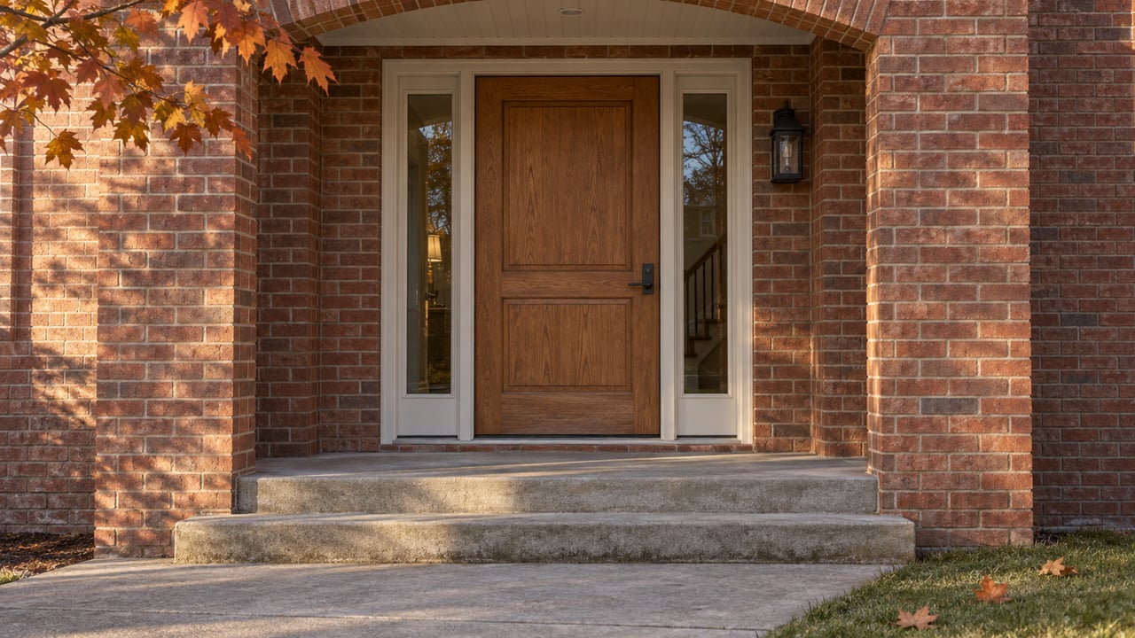 Autumn sunlight across a brick entrance with an oak door, glazed sidelights, and worn concrete steps.