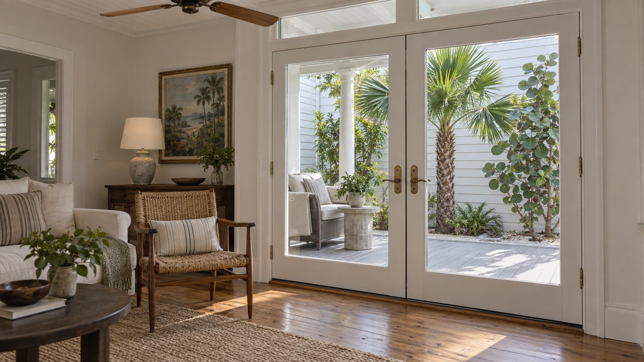Closed glazed French doors open onto a narrow veranda and compact courtyard with palm and sea-grape plants.