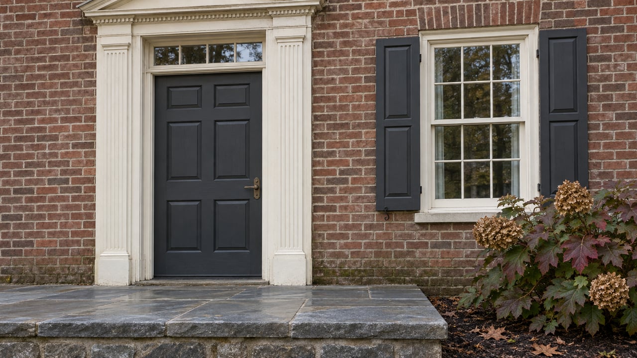Brick home entrance with a dark paneled door, shuttered window, stone steps, and autumn shrubs.