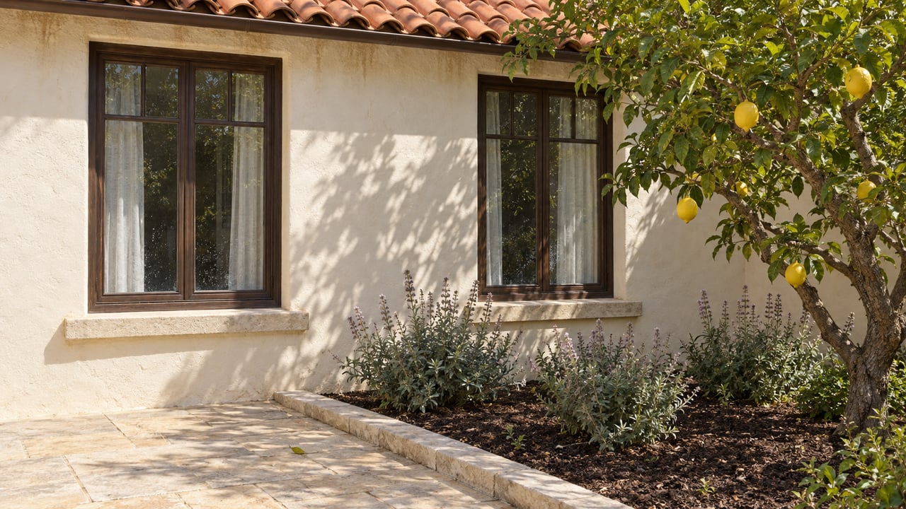 Cream stucco home with clay roof tiles, tall wood-framed windows and a mature lemon tree beside a limestone terrace.