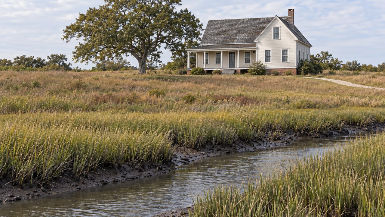 Ivory farmhouse with a weathered shingle roof stands beyond a sloping meadow and rippled tidal marsh.
