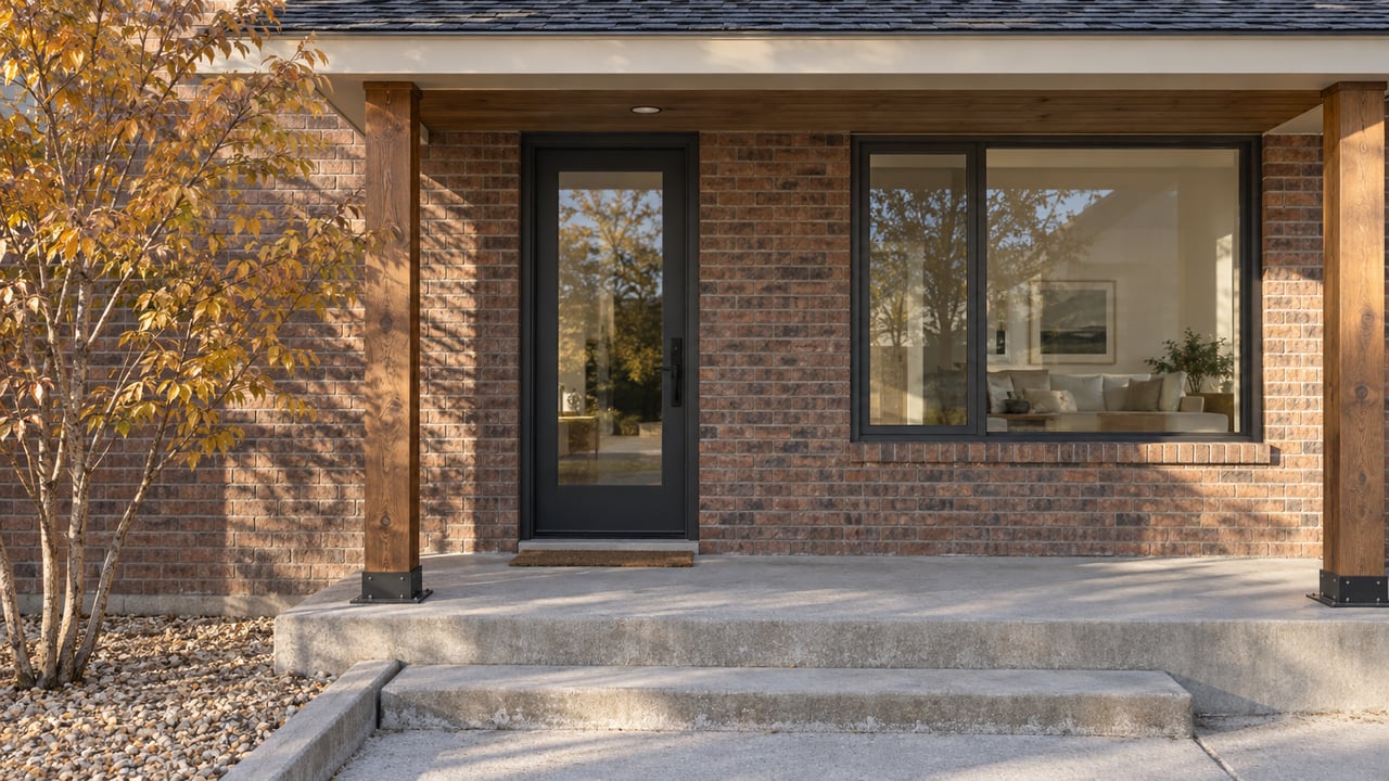 Close view of a brick home's covered entry with stained timber posts, charcoal-framed glazing, a concrete stoop, and an autumn serviceberry.