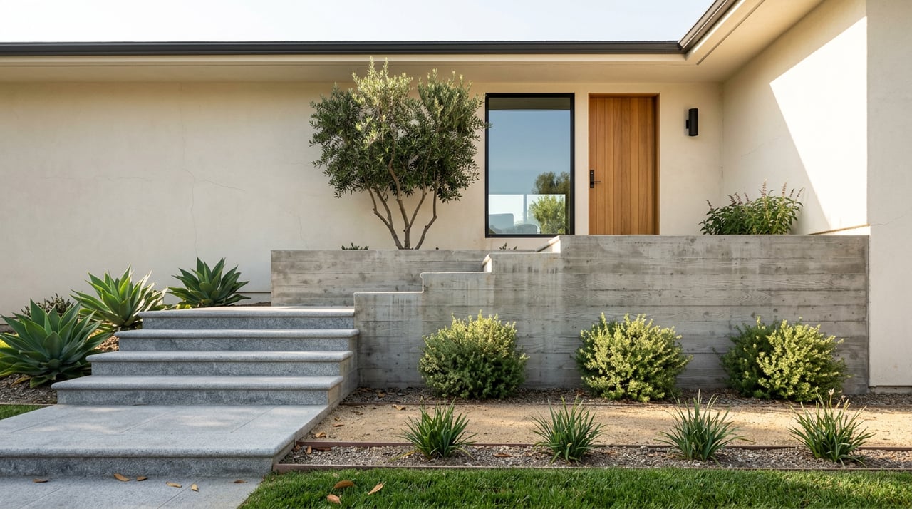 Granite steps rise beside a board-formed concrete wall toward a teak entry door, stucco facade, and olive tree.