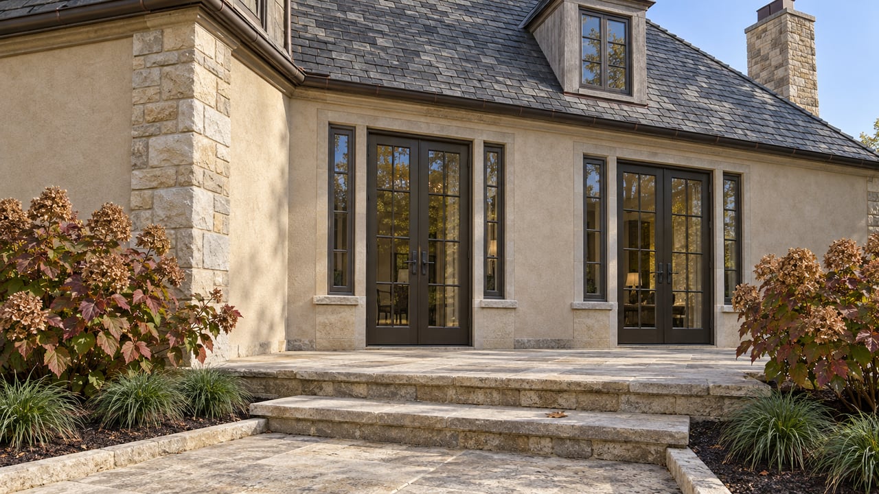 A stucco and limestone garden wing with a slate roof, tall glazed doors and stone steps bordered by autumn oakleaf hydrangeas.