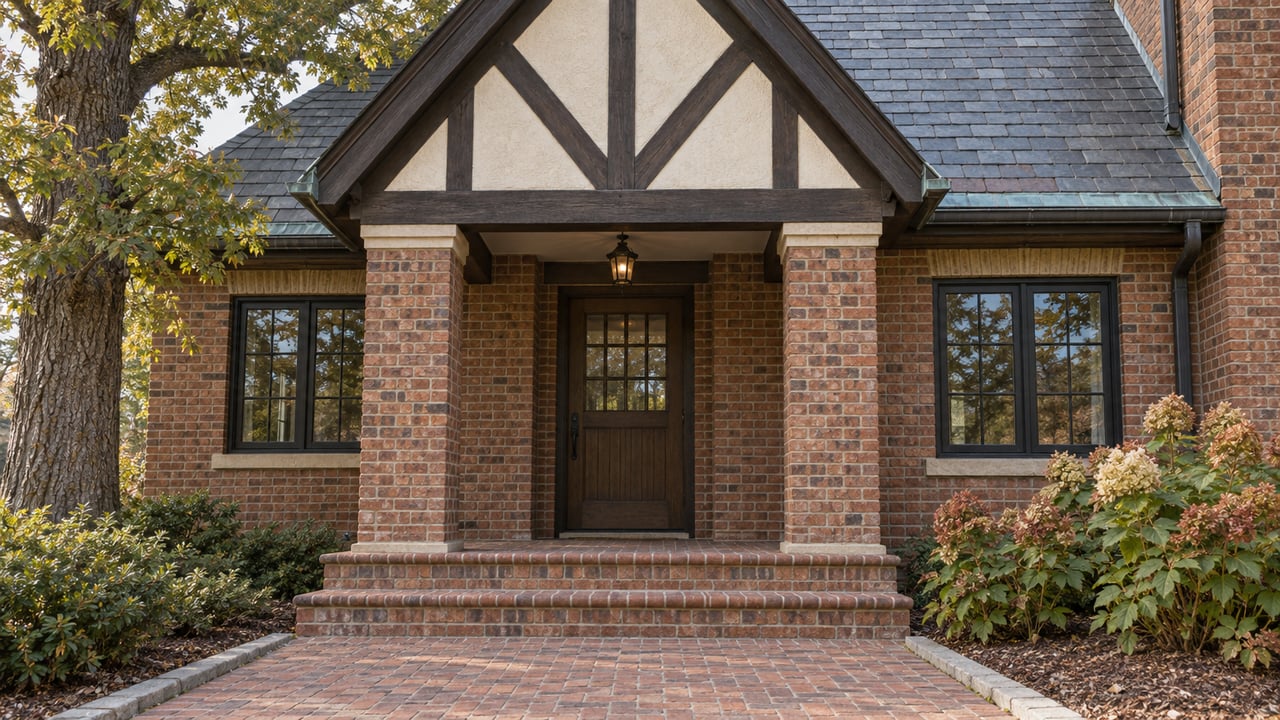 Brick home entrance beneath a steep half-timbered gable, framed by an oak and oakleaf hydrangeas.