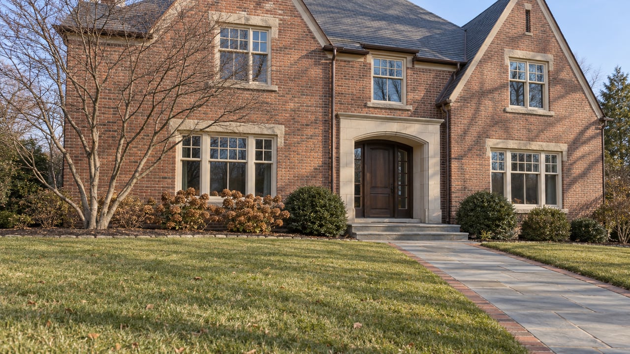 Winter morning light on a brick home with limestone entry, slate gables, broad front lawn and bare ornamental maple.