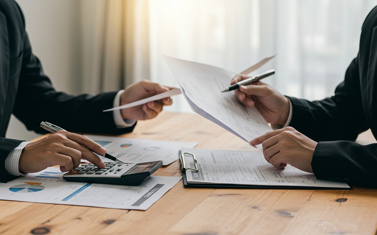 People review financial documents and charts, with one person using a calculator.