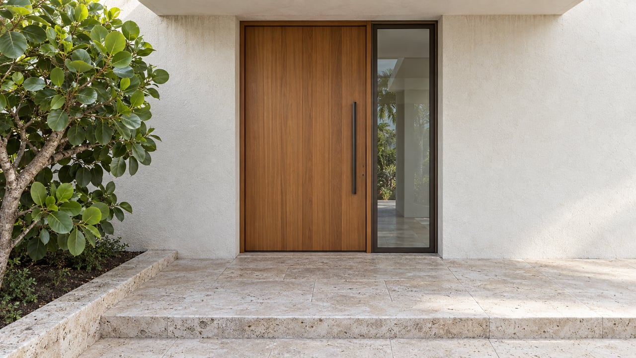Recessed teak entry door with a bronze-framed sidelight, pale limestone landing, and round-leaved tree at left.