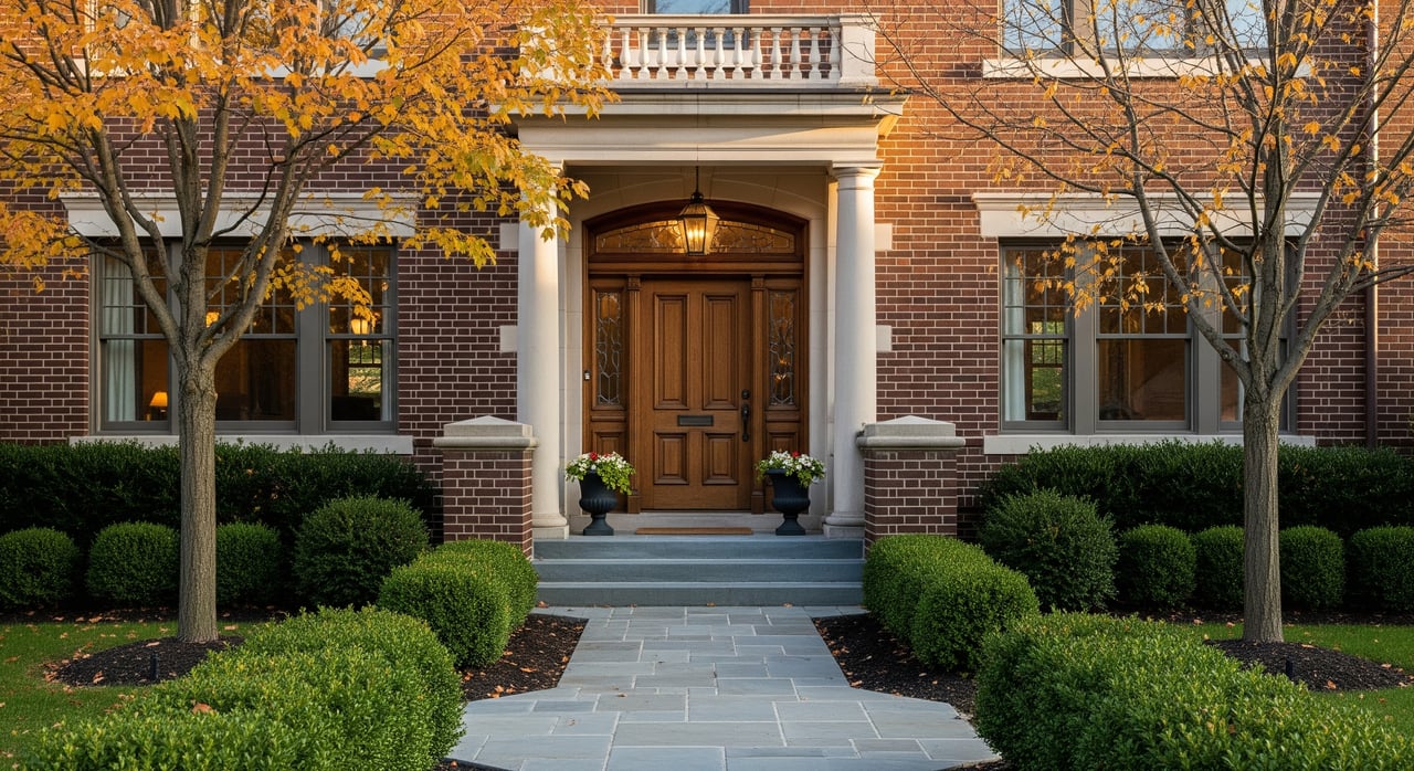 Brick building entrance with wooden double doors, stone steps, trimmed hedges, and golden autumn trees.