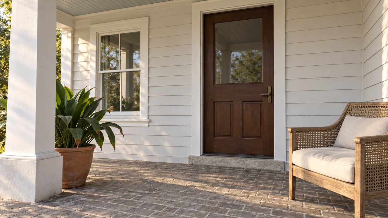 Morning light across a white clapboard porch with a timber entry door, brick floor, woven chair and a potted cast-iron plant.