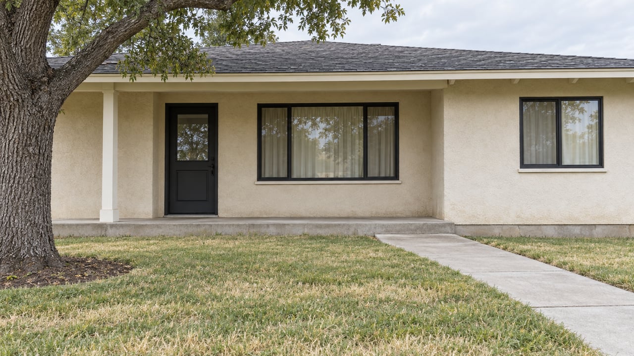 An ivory stucco single-story home with a covered porch, dark window frames, a broad concrete approach and a lightly straw-tipped front lawn beneath an oak branch.