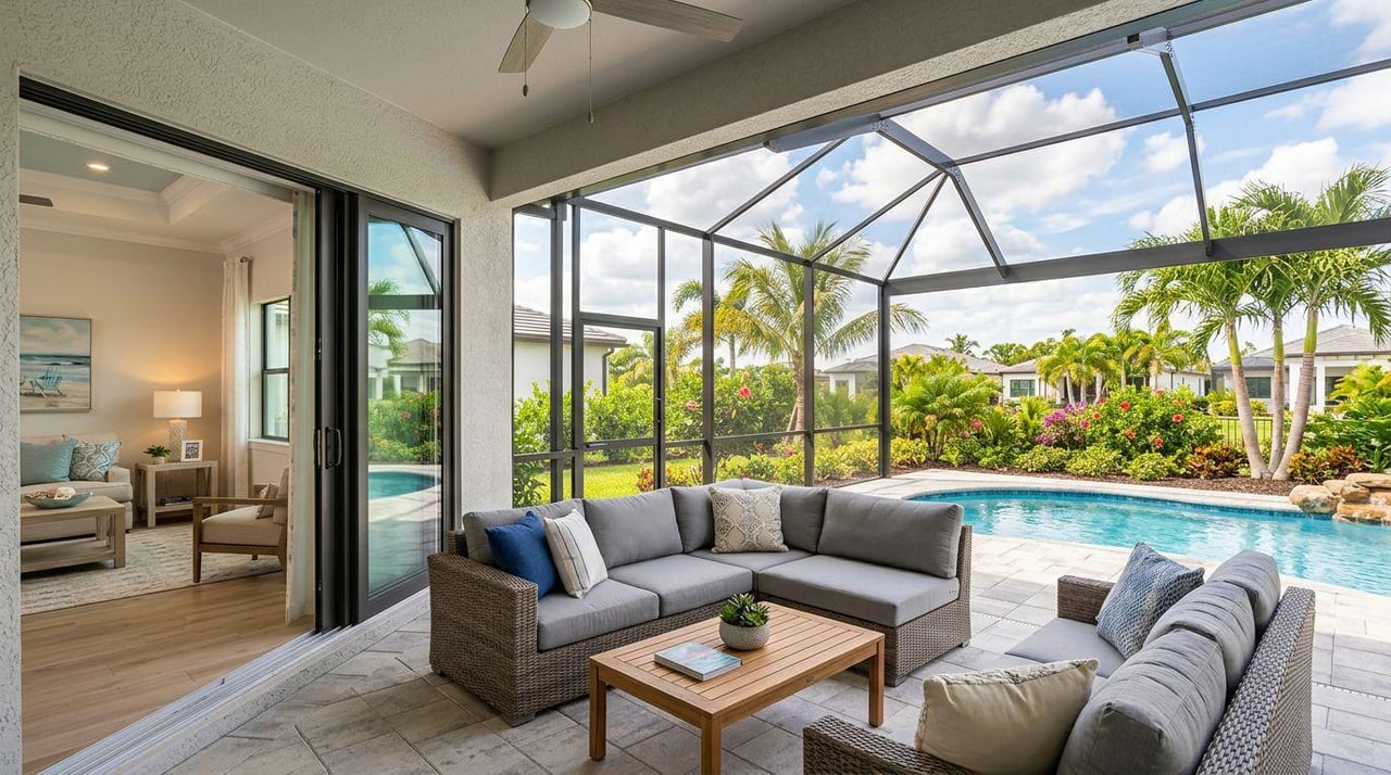 Screened Florida lanai decorated with comfortable outdoor furniture, neutral cushions, and tropical accents.