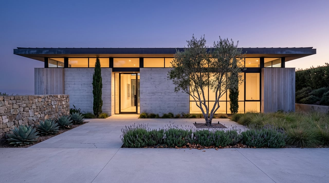Modern hillside residence glows through floor-to-ceiling glass, overlooking stone terrace with olive tree at dusk.