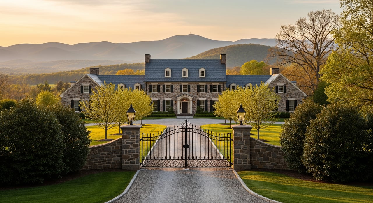 Stone country estate with a gated driveway, symmetrical wings, and wooded mountains behind it.