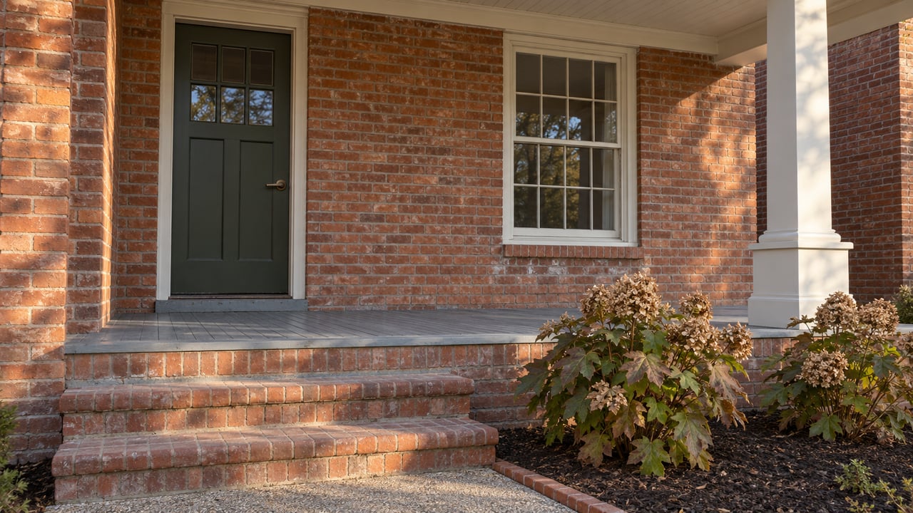 Sunlit brick cottage porch with a dark olive door, cream sash window and oakleaf hydrangeas beside brick steps.