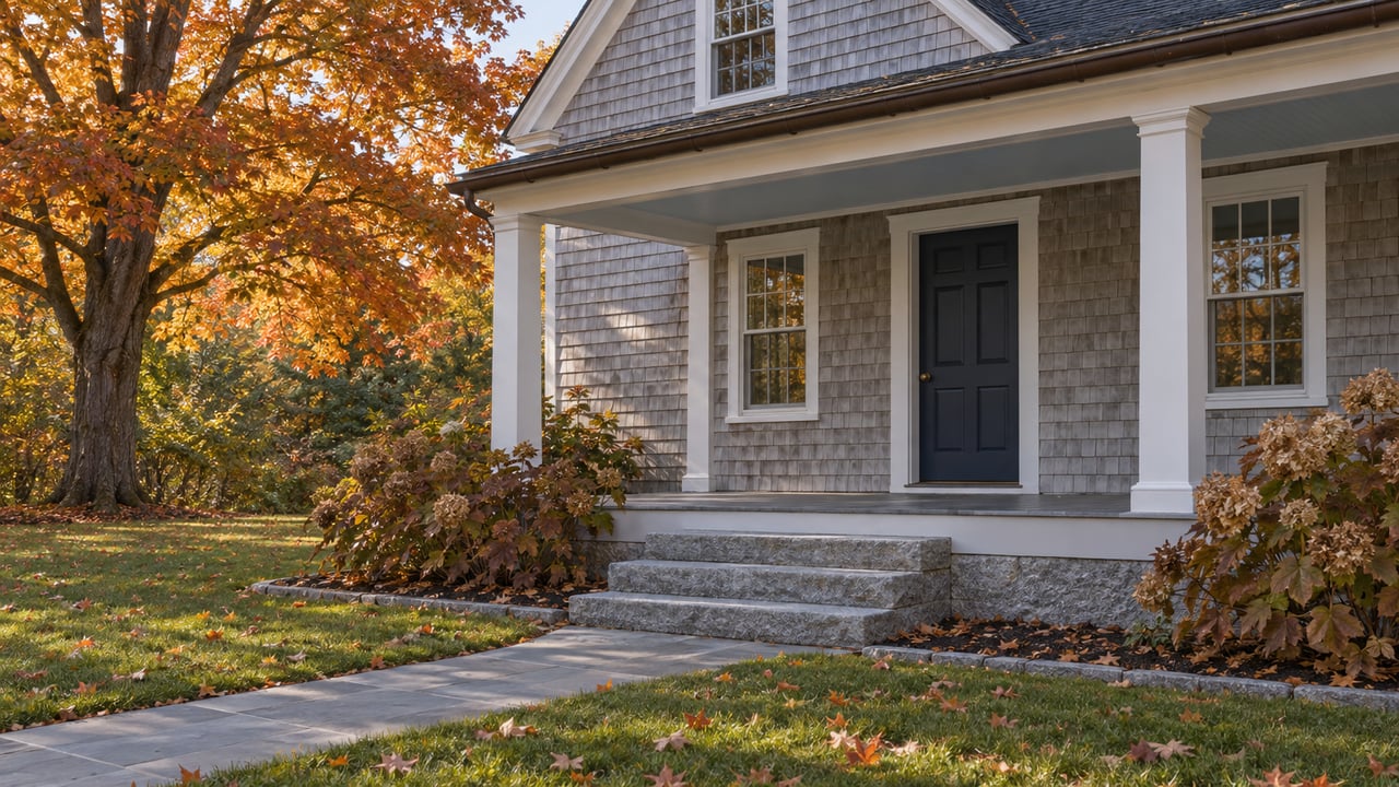 Amber maple foliage beside a pale gray shingled home, with granite steps and a bluestone walk crossing an autumn lawn.