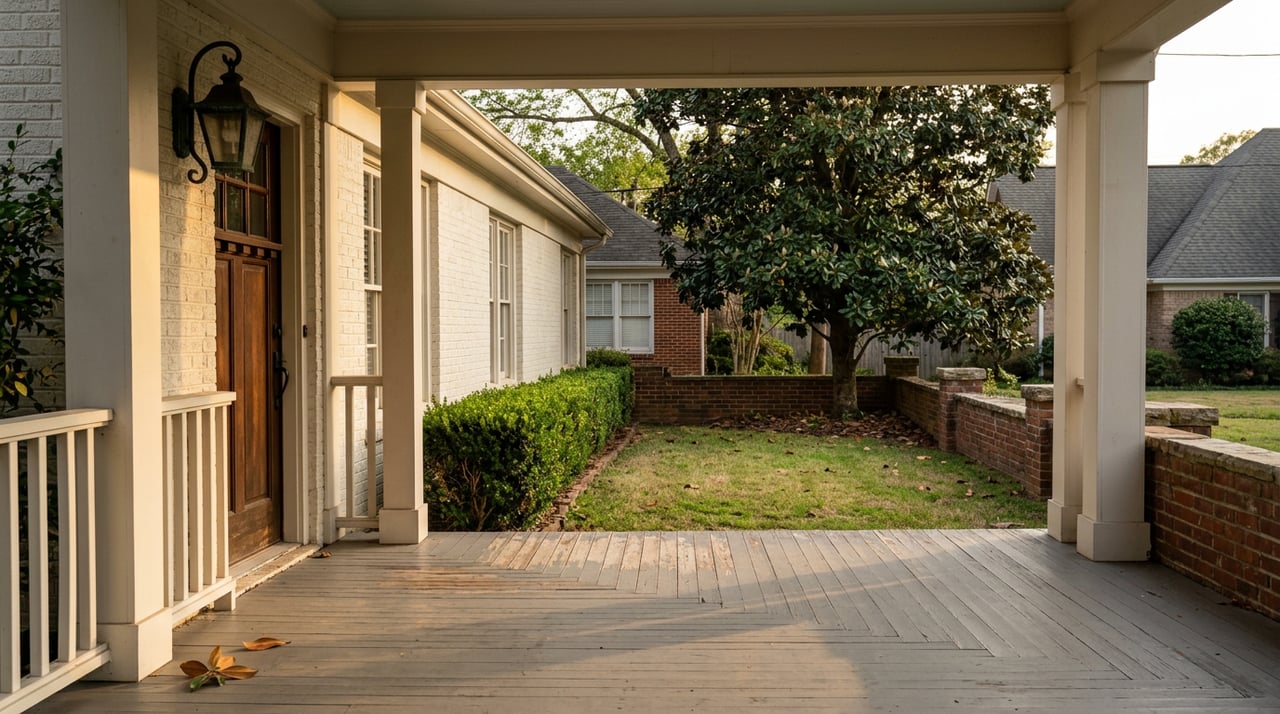 White brick cottage porch framing a lawn, clipped hedge, and glossy magnolia tree in warm evening light.