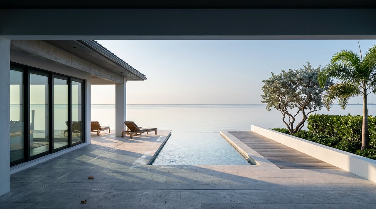 Travertine terrace and narrow pool overlook a calm canal beneath a shaded loggia, with silvery trees at the seawall.