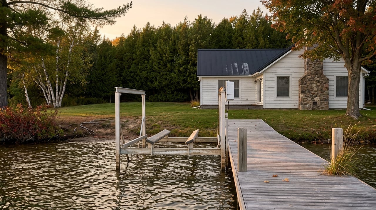 Weathered cedar dock and empty aluminum boat lift beside a white lakeside cabin, with trees lining the shore.