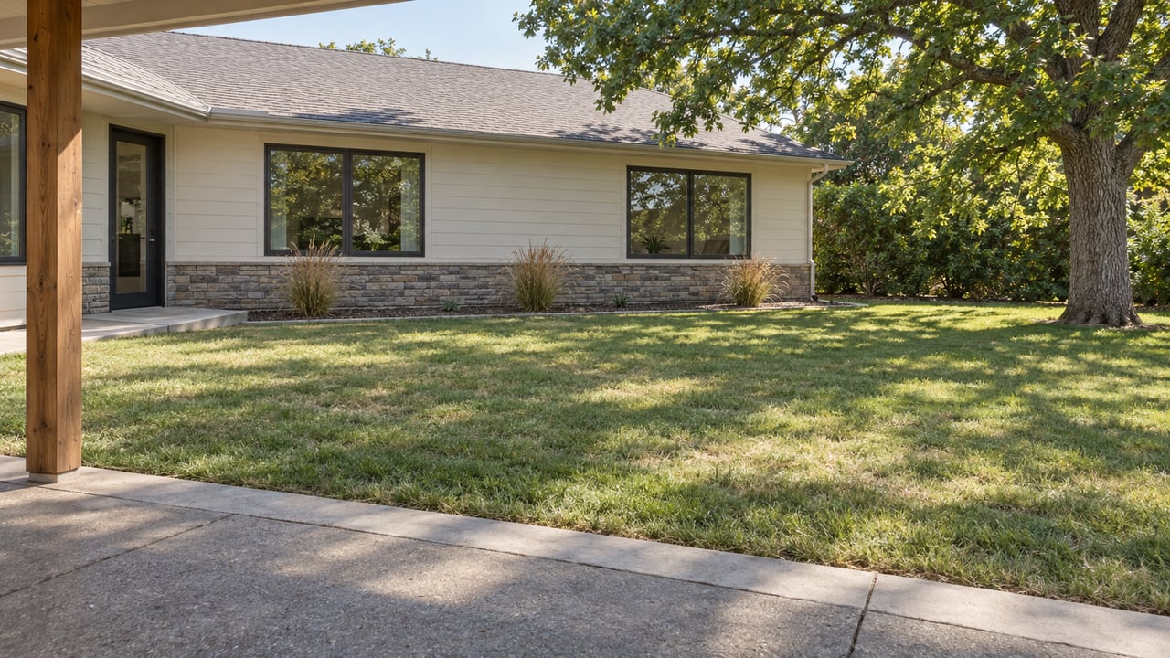 A shaded concrete patio overlooks a broad, slightly patchy lawn beside a light-sided home with large windows and a mature oak.