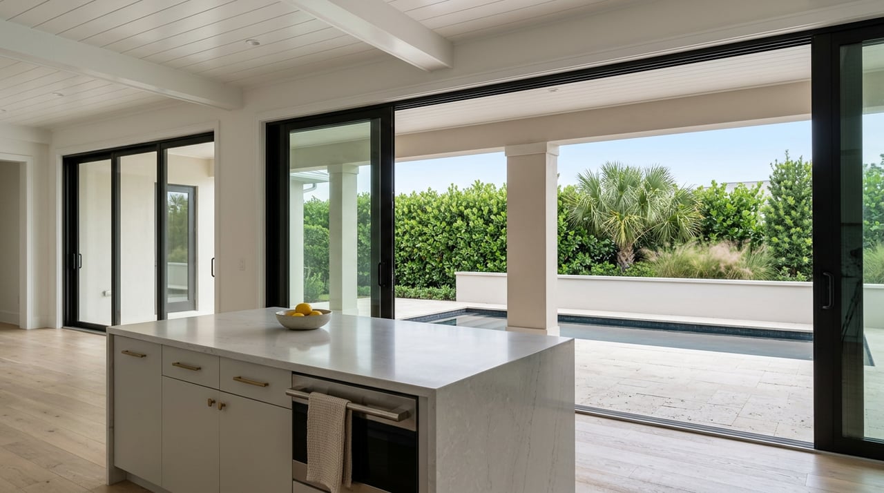 Kitchen island leads through glass doors to a covered lanai, with a pool deck and clipped hedge beyond.