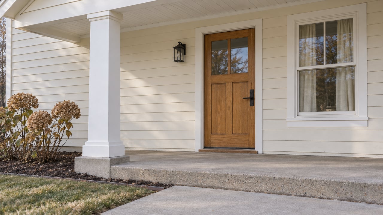 Late-autumn light on an ivory-sided home's covered entry, oak front door and concrete porch step beside dried hydrangea flowers.