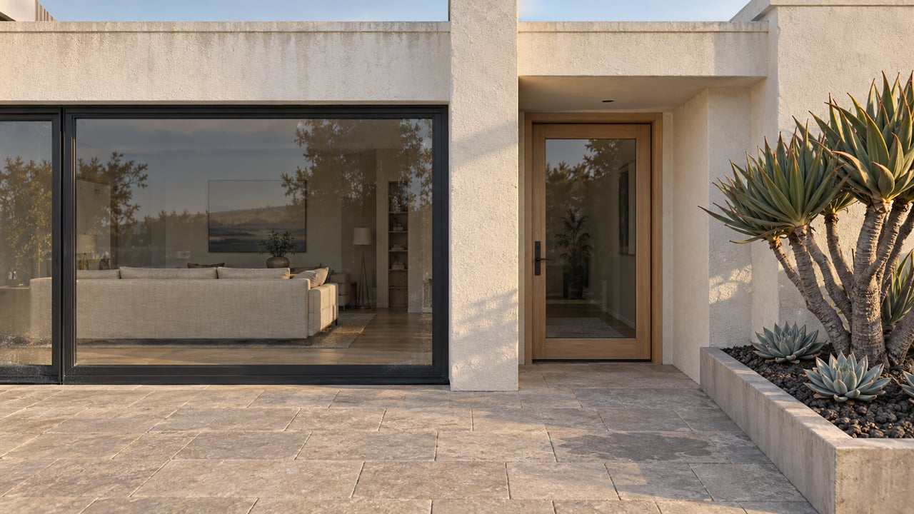 Late-afternoon light grazes a light-stucco condominium entry with charcoal window frames, limestone paving and a raised succulent bed.