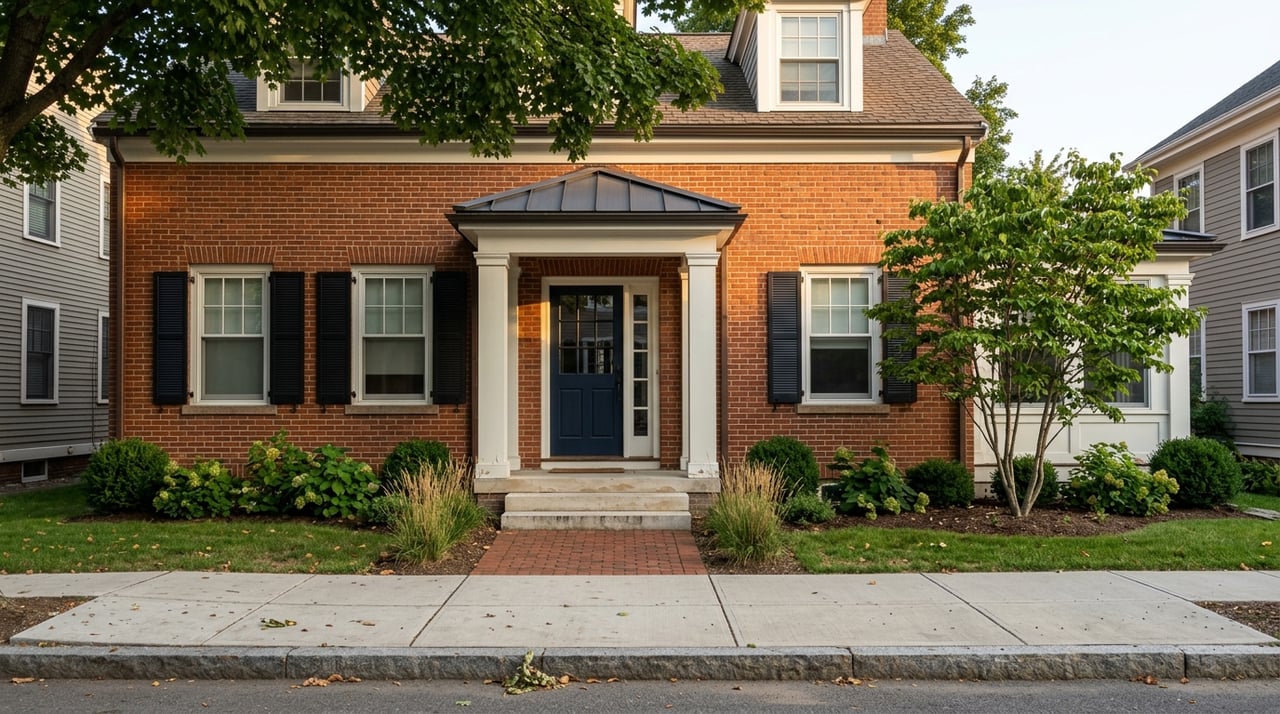 Historic brick colonial beside a brick sidewalk, with classic entry details and mature street trees.