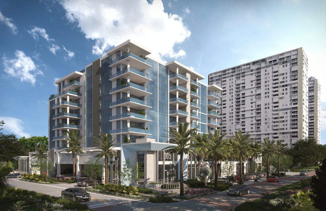 Salato Residences condominium rendering with glass balconies, palm-lined landscaping, and an entrance marked 305.