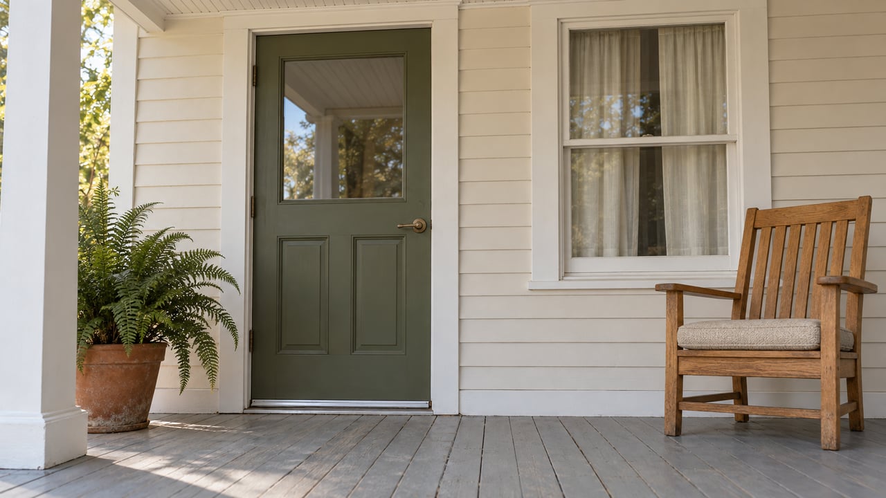 Covered front porch with a dark green door, wooden chair, and potted fern.