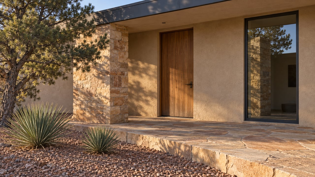 Warm sunlight across a plaster home entry with a wood door, sandstone pier and terrace, a pinyon pine and two small yuccas.