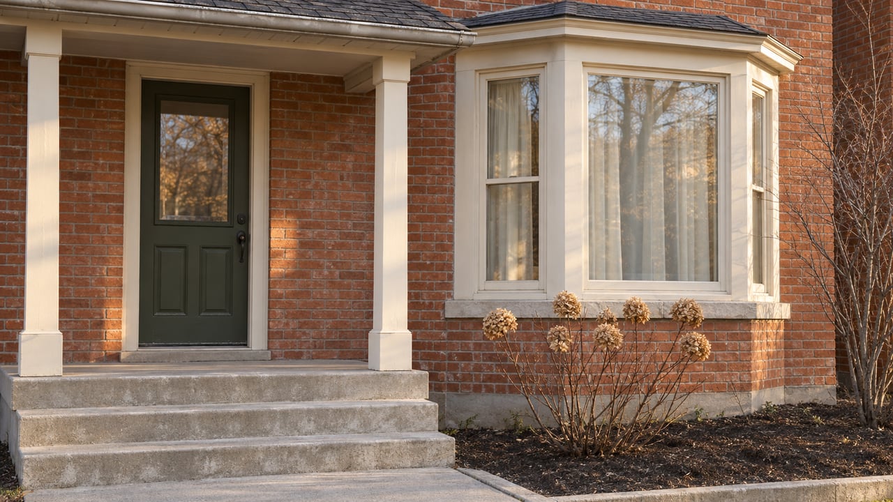 Late-autumn sunlight on a brick home's covered porch, olive front door and ivory-framed bay window beside dormant hydrangea.