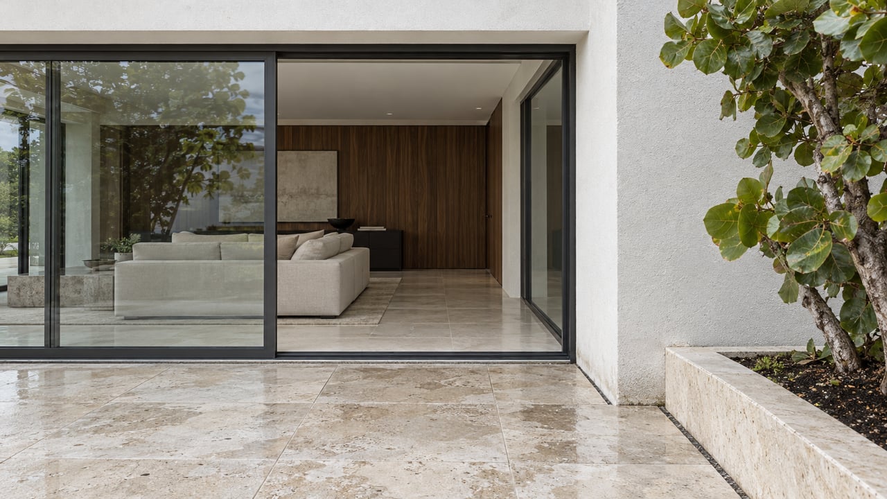 White stucco terrace corner with closed charcoal-framed glazing, shell limestone paving and a sculptural sea-grape tree in a raised stone bed.