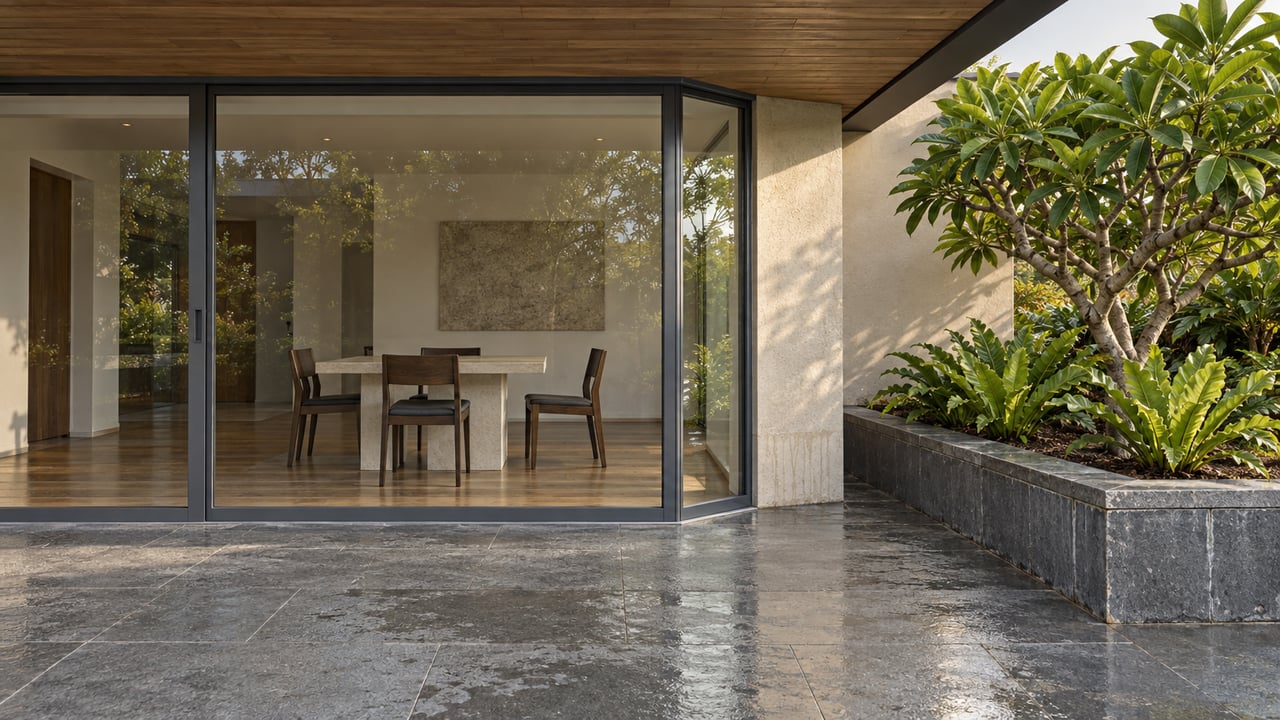 A covered basalt terrace meets a glass-enclosed dining room with oak flooring, dark wood chairs, and a raised planter holding a flowering tree and ferns.