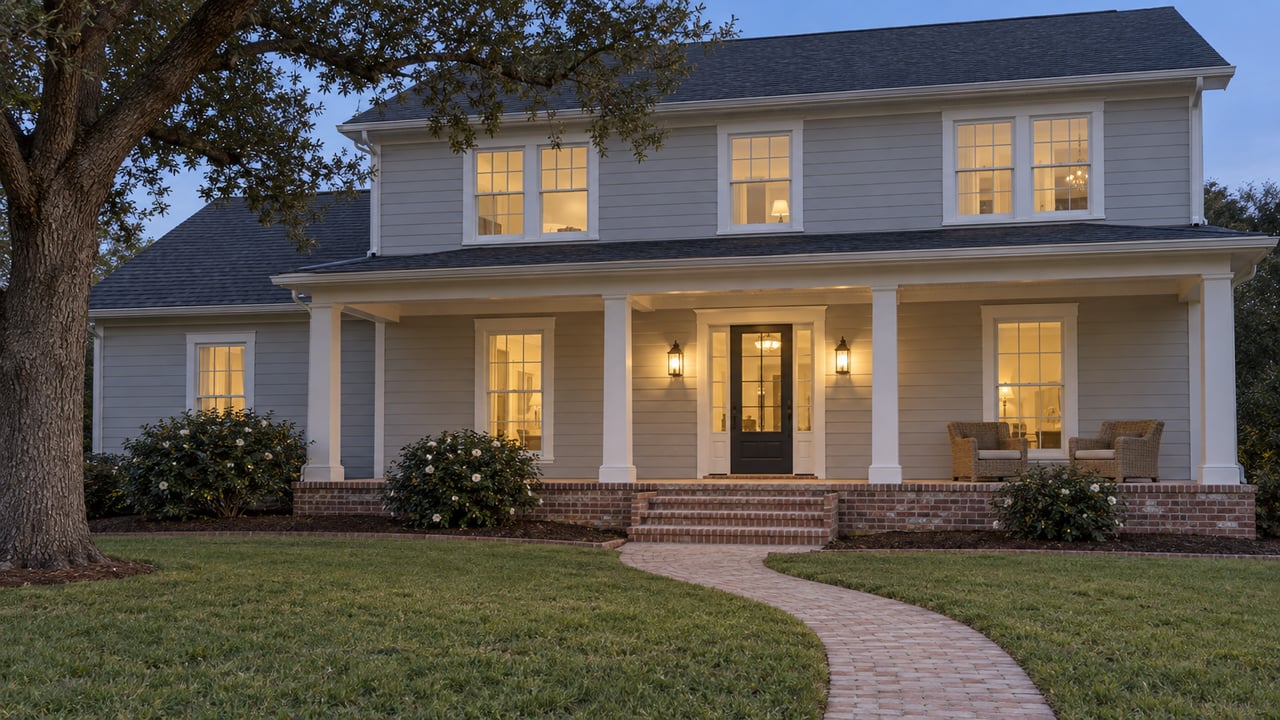 Pale-gray two-story home with a brick porch, warm windows and a deep front lawn under a blue evening sky.