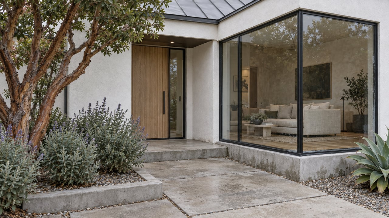 White stucco home with a recessed oak entry, steel-framed corner window, concrete approach and sculptural garden planting in soft morning light.