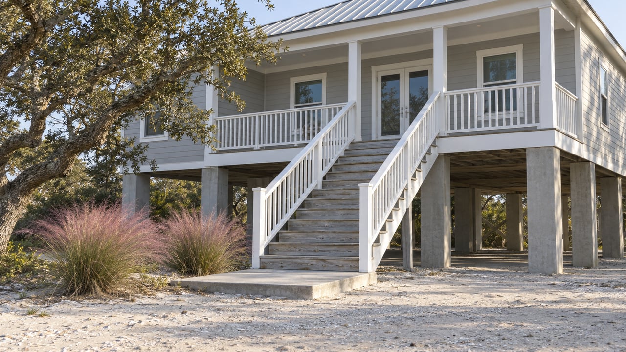 Pale gray elevated home with white porch railings, weathered wooden stairs and pink muhly grass in soft morning light.