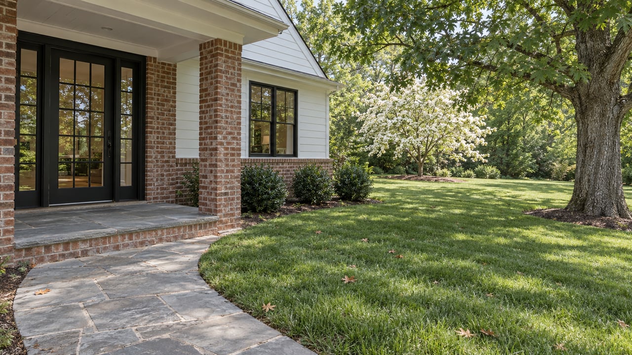 Brick porch with black-glass entry and curved stone path crossing a broad lawn toward an oak and flowering dogwood.