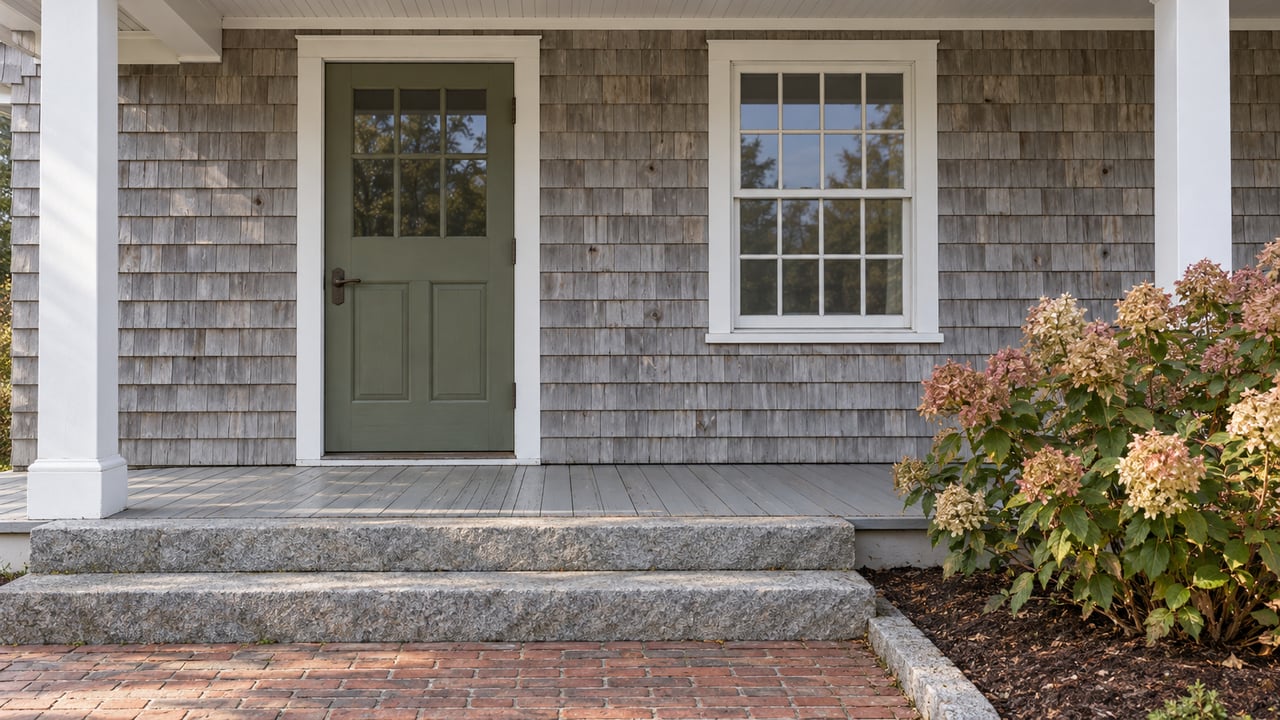 Silvered cedar cottage entry with an olive glazed door, white divided-light window, worn porch boards and granite steps beside a flowering hydrangea.