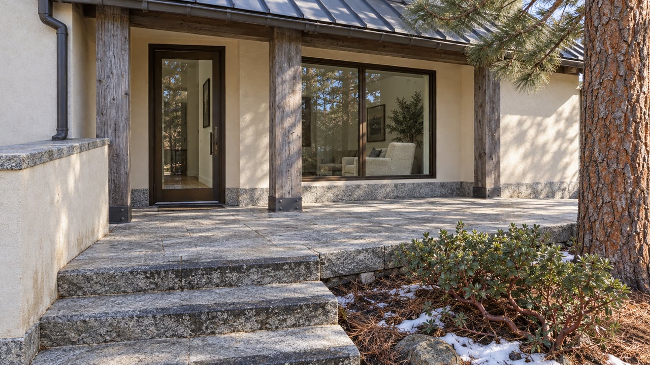 Cream-stucco condominium entrance with weathered timber posts, granite steps, and lingering snow beneath a Jeffrey pine.