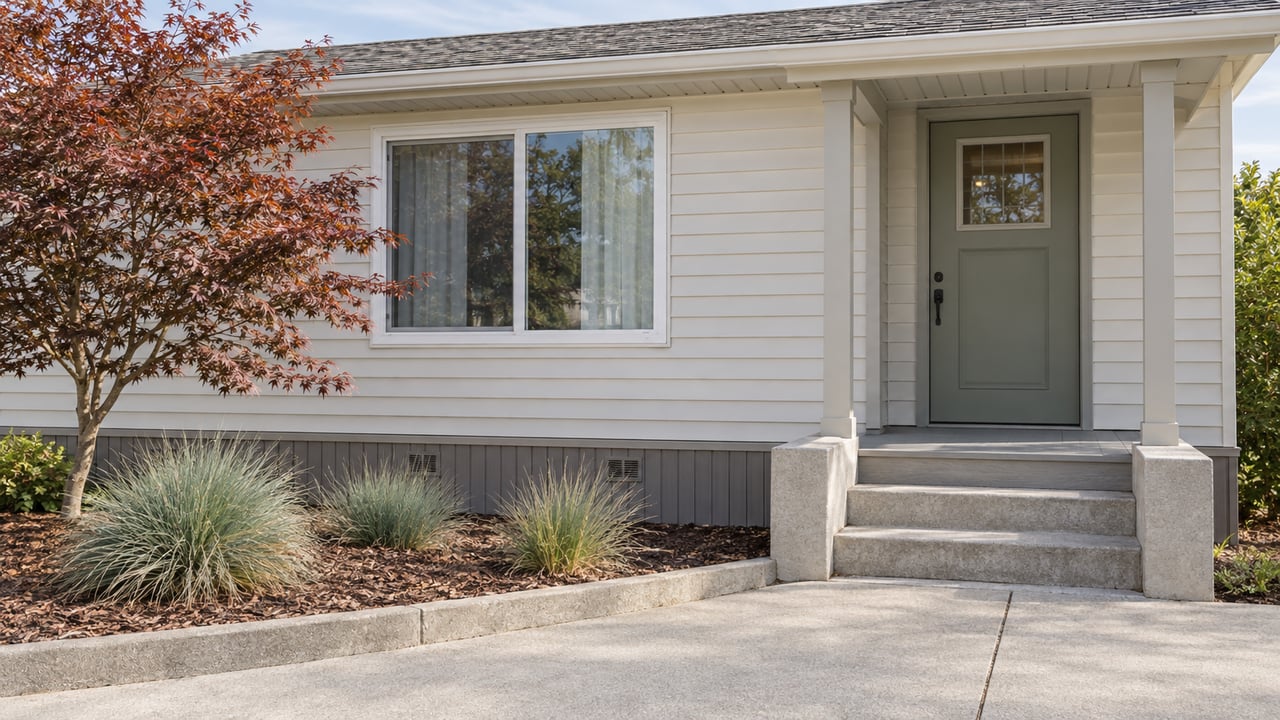 An ivory single-level manufactured home with a covered sage-door entry, concrete steps and a small planted bed.